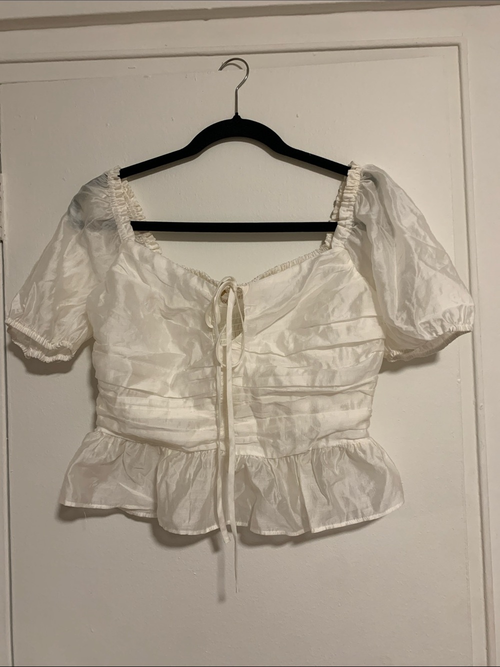 Wayf Ivory Tie-Front Peplum Puff Sleeve Blouse